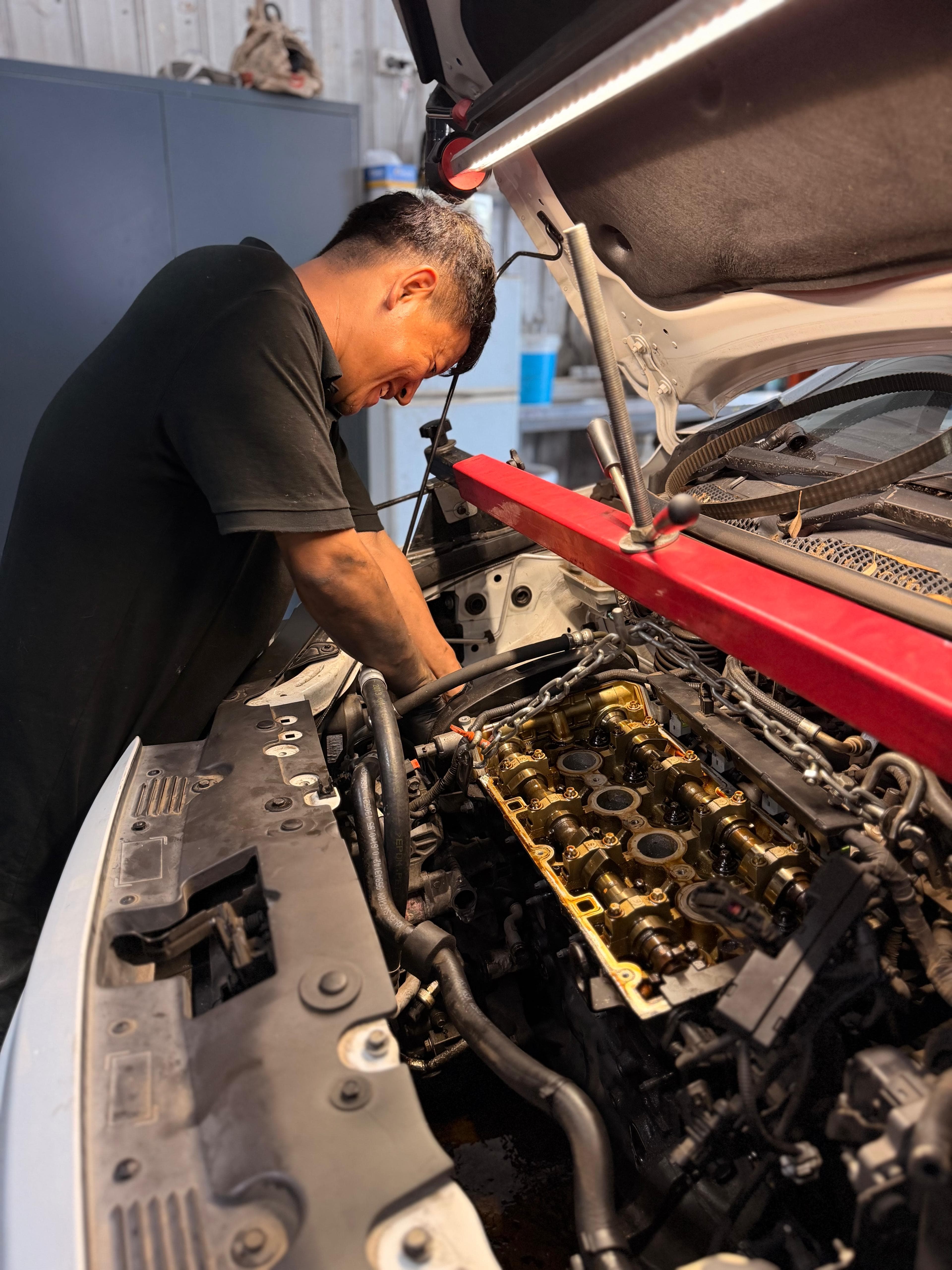 Technician carrying out workshop diagnostics beside a vehicle